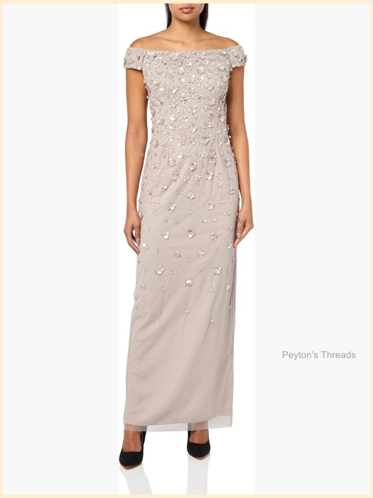 Off Shoulder Beaded Formal Dress With Floral Embellishments